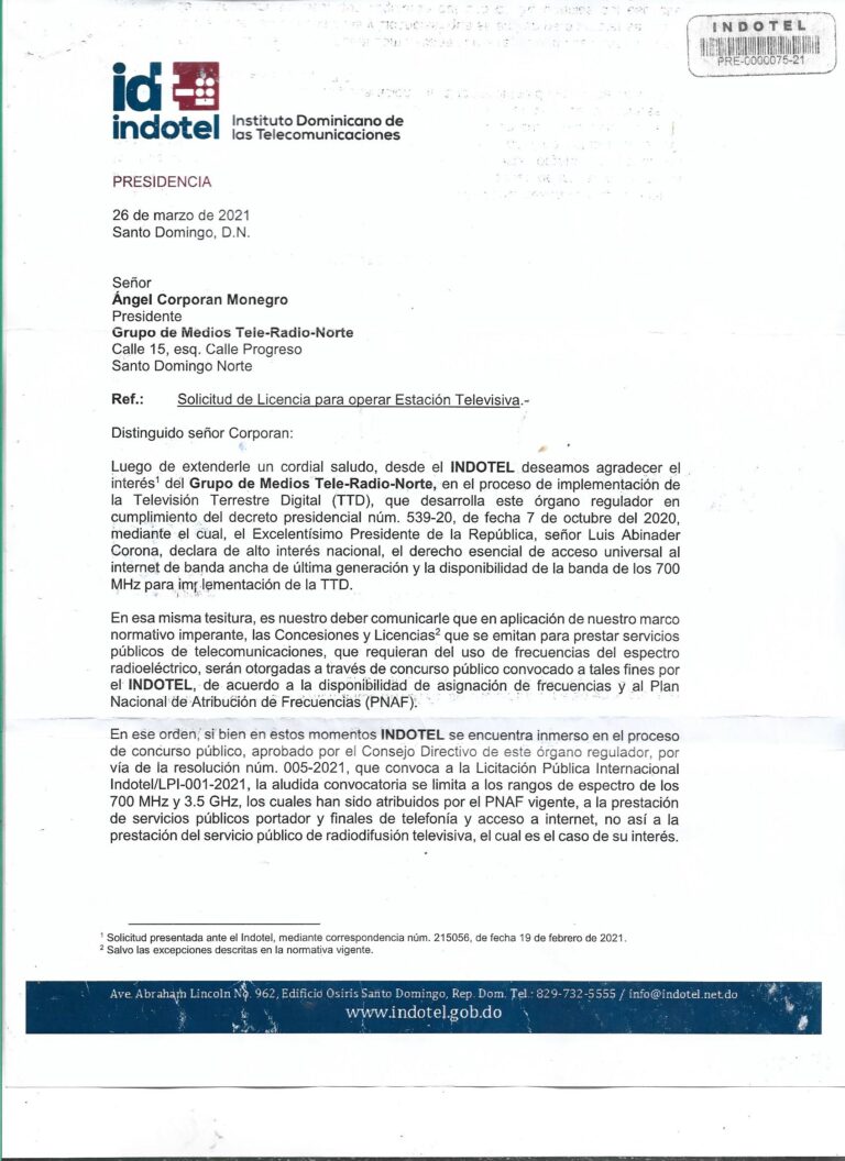 INDOTEL aclara proceso para licencias de estaciones televisivas en el marco de la Televisión Terrestre Digital