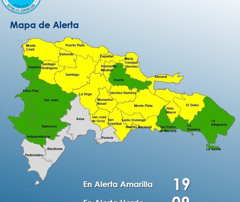 COE mantiene 18 provincias y el Distrito Nacional en alerta amarilla por condiciones climáticas