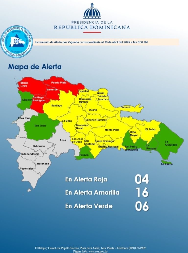 COE eleva niveles de alerta en varias provincias por lluvias asociadas a vaguada